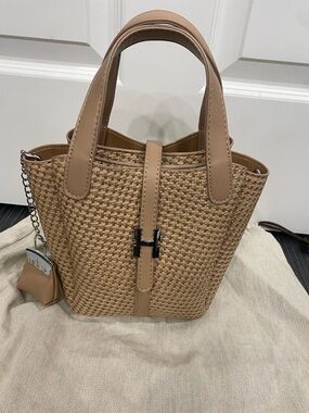 Tan Woven vegan leather Tote Handbag with Leather Trim